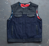 US FLAG Hunt Club Style Men's Motorcycle Concealed Carry Black Leather And Denim Vest