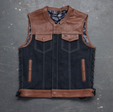 Hunt Club Style Side Lace Men's Motorcycle Concealed Carry Brown Leather And Denim Vest