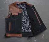 Hunt Club Style Side Lace Men's Motorcycle Concealed Carry Brown Leather And Denim Vest