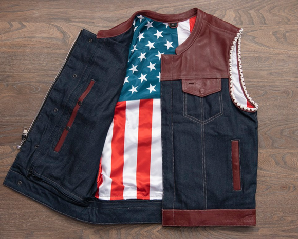 US Flag Hunt Club Style Men's Motorcycle Concealed Carry Leather And Denim Vest