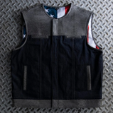 Mens Hunt Club US Flag Croc Leather & Denim White Stitched Motorcycle Concealed Carry Vest