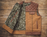 Mens Hunt Club Tan Leather & Denim Paisley Motorcycle Concealed Carry Vest