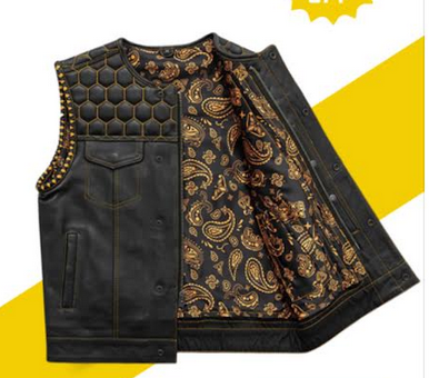 Custom Hunt Club Style Leather And Denim Diamond Stitched Motorcycle Leather Vest For Dustin