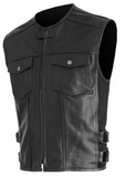 Men's Leather Biker Style Tactical Swat Style Motorcycle Vest Concealed Carry