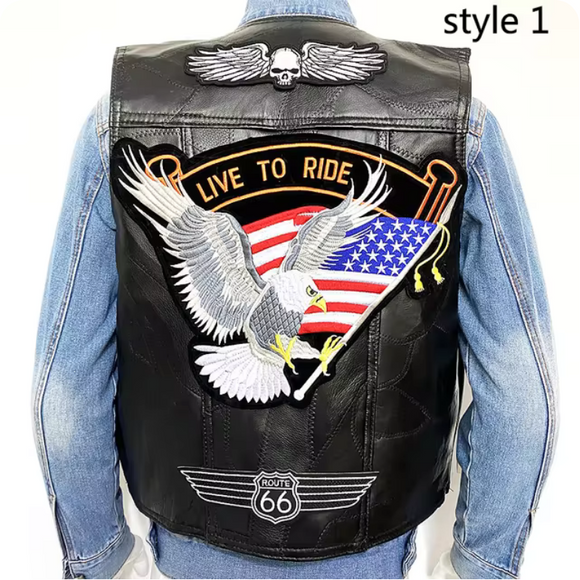 Eagle Embossed US Flag Live To Ride Biker Style Men's Motorcycle Concealed Carry Leather Vest