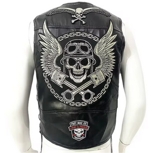 Skulls Embroidered Biker Style Men's Motorcycle Concealed Carry Leather Vest