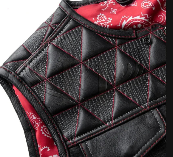 Custom Hunt Club Style Leather Triangle Quilted Stitched Motorcycle Leather Vest