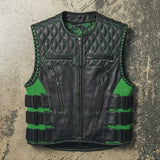 Men's Tactical Style Padded Emerald Motorcycle Leather Vest Concealed Carry