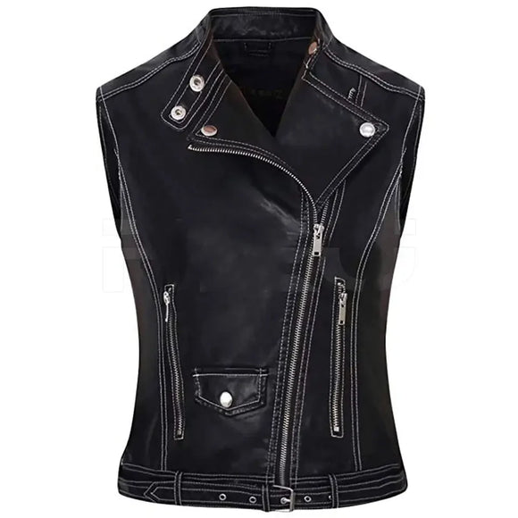 Ladies Studded Classic Style Zippered Motorcycle Leather Concealed Carry Vest