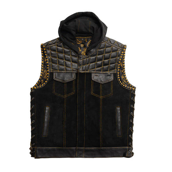 Hunt Club Diamond Stitched Hooded Men's Motorcycle Concealed Carry Leather Vest