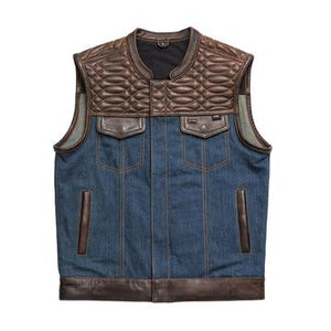 Mens Hunt Club Brick Quilted Stitched Leather Build Denim Motorcycle Concealed Carry Vest