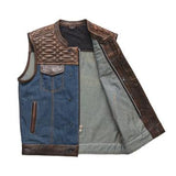 Mens Hunt Club Brick Quilted Stitched Leather Build Denim Motorcycle Concealed Carry Vest