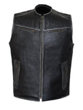 Men Gray Club Style Collarless Biker Motorcycle Concealed Carry Leather Vest