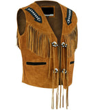 Men's Tooled Vintage Fringe Cowboy Style Suede Leather Vest
