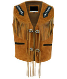 Men's Tooled Vintage Fringe Cowboy Style Suede Leather Vest