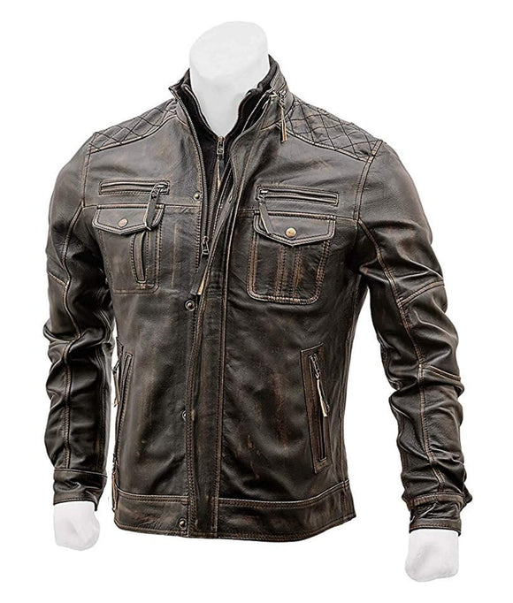 Men Vintage Distressed Leather Jacket Motorcycle Concealed Carry