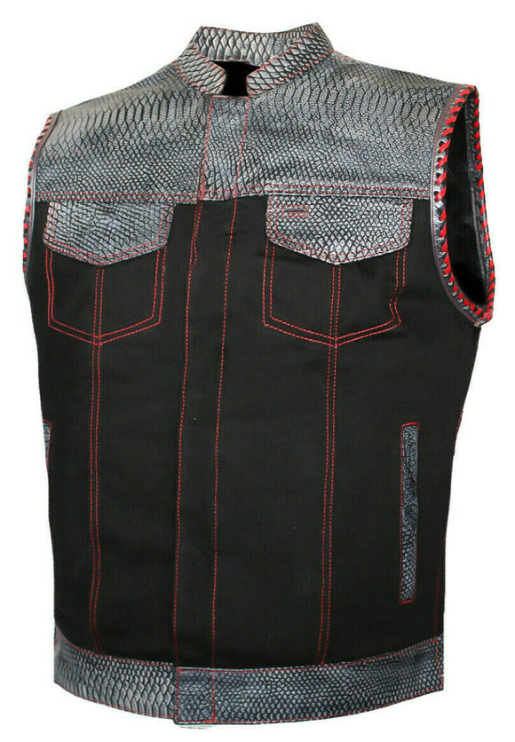 Hunt Club Mens Club Style Denim Croc Leather Combo Motorcycle Concealed Carry Vest