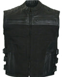 Men's Leather and Denim Tactical Swat Style Motorcycle Vest Concealed Carry