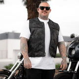 Men's Lowcut Black Camo Perforated Cali Cut Leather Vest Concealed Carry