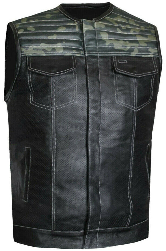 Men CAMO Club Style Perforated Motorcycle Conceal Carry Leather Vest