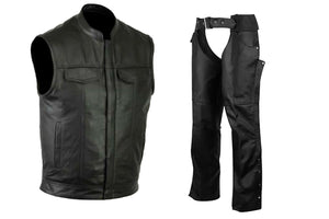 MEN BIKER STYLE MOTORCYCLE CONCEALED CARRY CLUB VEST & CHAPS LEATHER SET