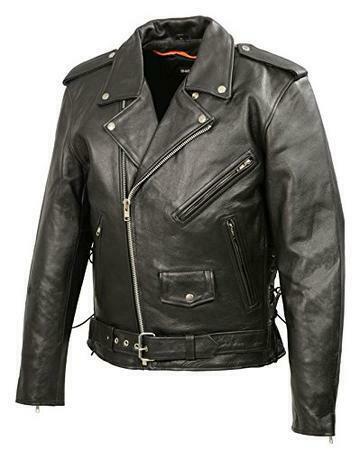Mens Classic Side Lace Police Style Premium Cowhide Motorcycle Jacket
