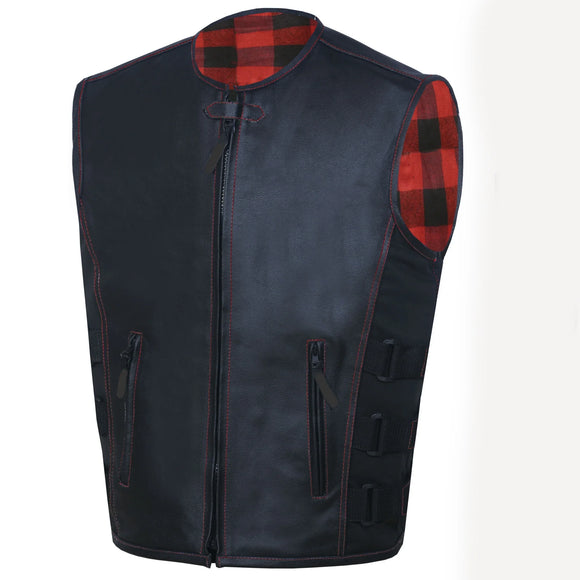 Hunt Club Men's Motorcycle Leather Tactical Swat Style Red Flannel Leather Vest Concealed Carry