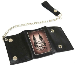 Men Skull Motorcyle Tri-Fold Biker Styled Removable Chain Genuine Leather Wallet