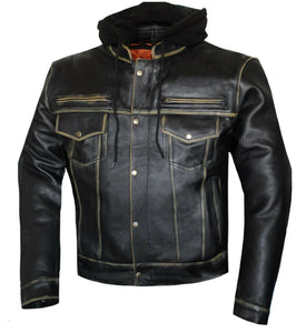 MEN'S MOTORCYCLE BIKER LEATHER JACKET W/DETACHABLE HOOD