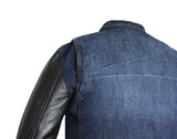 Mens Biker Style Motorcycle Blue Denim And Leather Concealed Carry Jacket