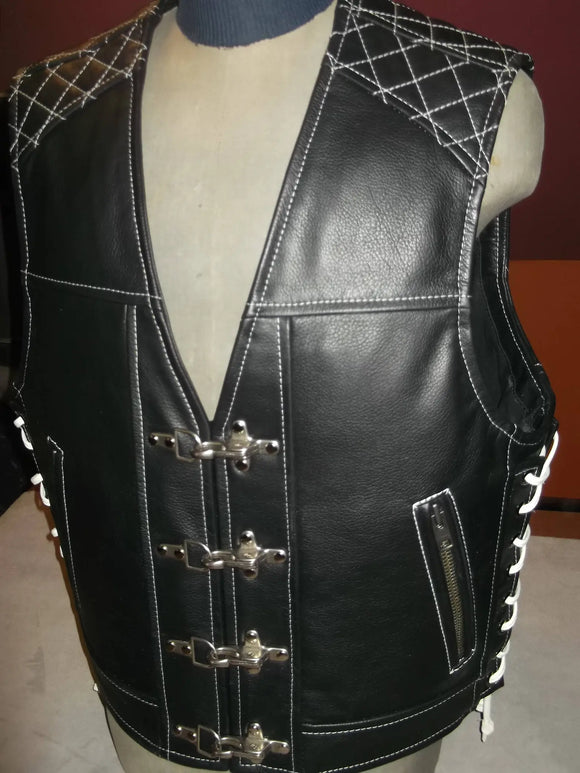 Men's Heavy Buckle White Stitched Motorcycle Concealed Carry Black Leather Biker Vest