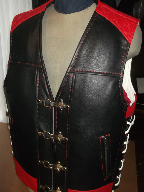 Men's Heavy Buckle Motorcycle Concealed Carry Black, Red, and White Leather Biker Vest