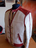 Men's Heavy Buckle Red Stitched White Leather Motorcycle Concealed Carry Biker Vest