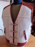 Men's Heavy Buckle Red Stitched White Leather Motorcycle Concealed Carry Biker Vest