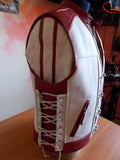 Men's Heavy Buckle Red Stitched White Leather Motorcycle Concealed Carry Biker Vest