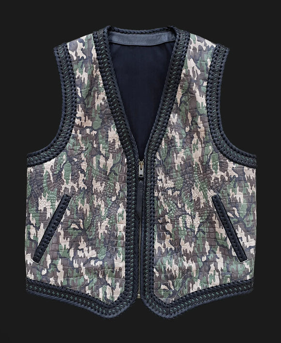 Camo Printed Embossed Leather Vest Men's Motorcycle Concealed Carry Leather Vest