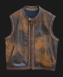 Men's Distressed Brown Braided Motorcycle Biker Concealed Carry Leather Vest