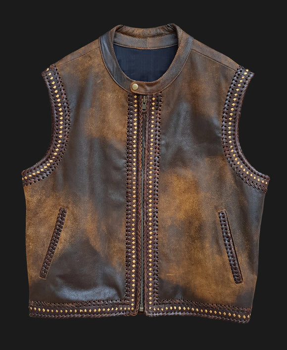 Men's Distressed Brown Braided Motorcycle Biker Concealed Carry Leather Vest