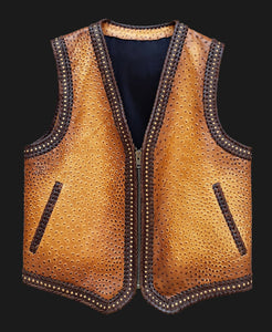 Ostrich Embossed Distressed Leather Men's Motorcycle Concealed Carry Biker Vest