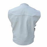 Men's Biker Style White Denim Tactical Leather Vest Motorcycle Concealed Carry