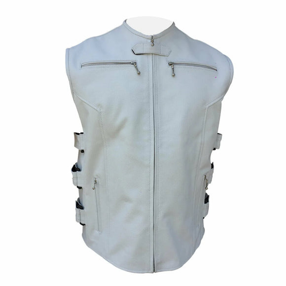 Men's Biker Style White Denim Tactical Leather Vest Motorcycle Concealed Carry