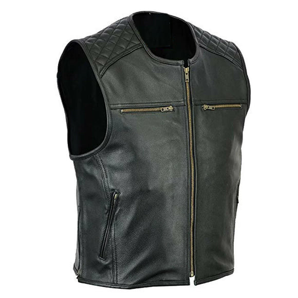 Men's Club Style Padded Motorcycle Concealed Carry Leather Vest