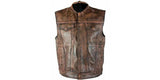 Men Club Style Vintage Distressed Brown Low Collared Motorcycle Biker Concealed Carry Leather Vest