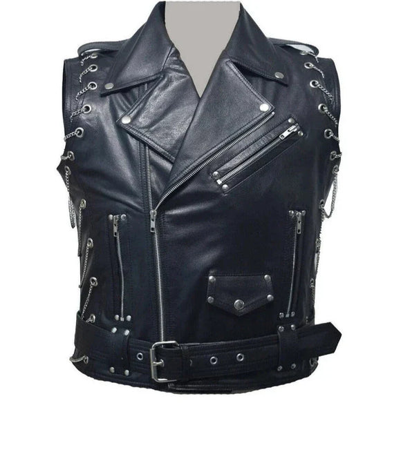 Men Cafe Racer Rocker Style Zippered Motorcycle Concealed Carry Leather Vest