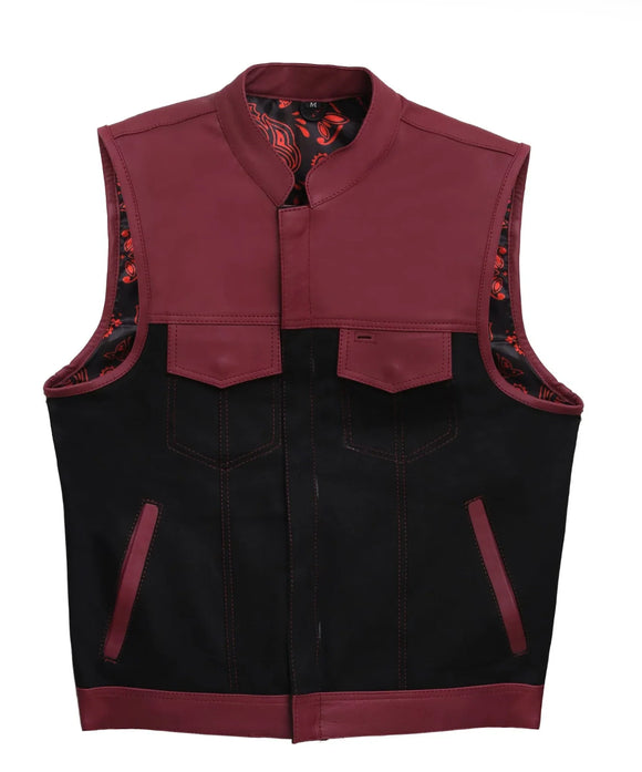 Men's Club Style SOA Motorcycle Concealed Carry Blood Leather And Denim Vest