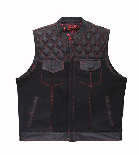 Hunt Club Men's Paisley Diamond Stitched Motorcycle Concealed Carry Leather And Denim Vest