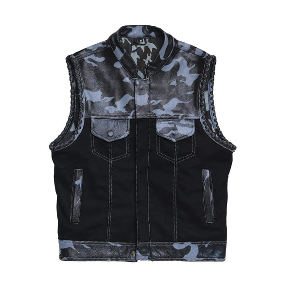 Hunt Club Style CAMO SOA Men's Club Motorcycle Concealed Carry Leather And Denim ComboVest