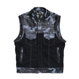 Hunt Club Style CAMO SOA Men's Club Motorcycle Concealed Carry Leather And Denim ComboVest