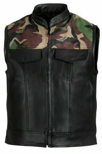 Hunt Club Style Camo Zippered Men's Motorcycle Concealed Carry Leather Vest