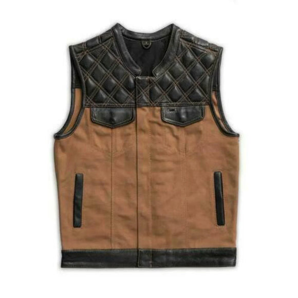 Hunt Club Style Men's Diamond Stitched Motorcycle Concealed Carry Leather And Denim Vest